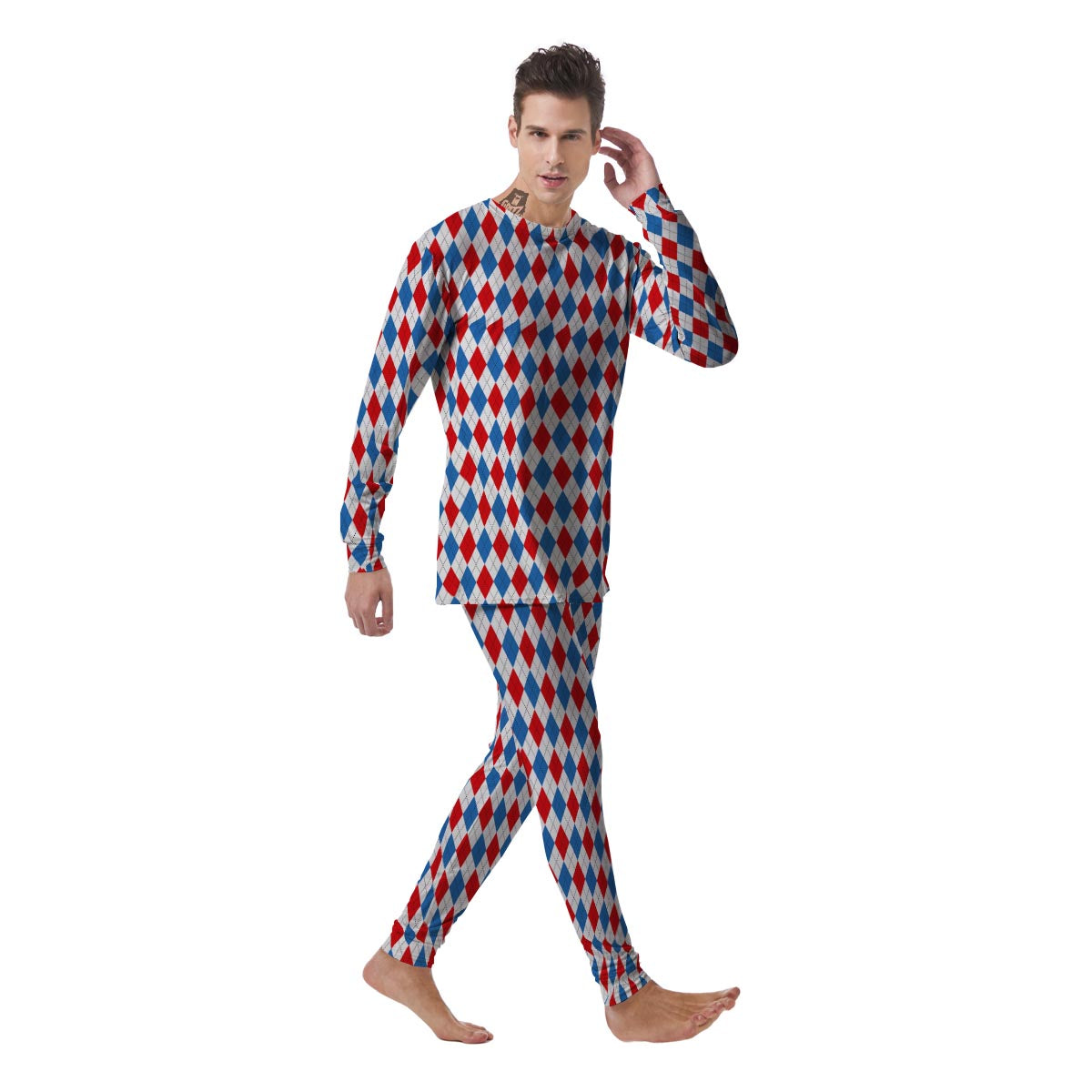 White Argyle And Blue Red Print Pattern Men's Pajamas-grizzshop