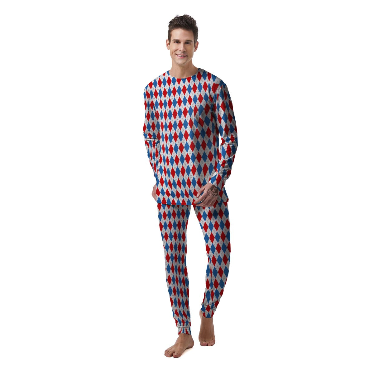 White Argyle And Blue Red Print Pattern Men's Pajamas-grizzshop