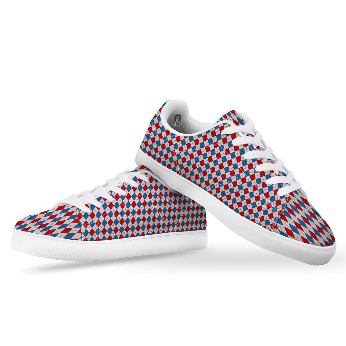 White Argyle And Blue Red Print Pattern White Low Top Sneakers-grizzshop