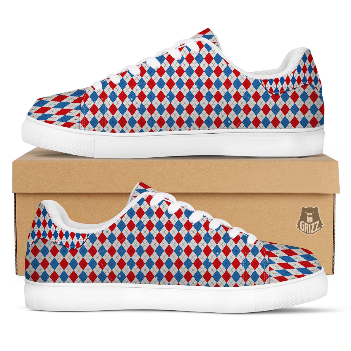 White Argyle And Blue Red Print Pattern White Low Top Sneakers-grizzshop