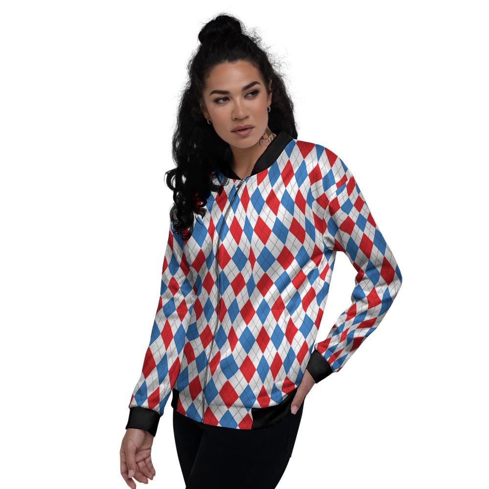 White Argyle And Blue Red Print Pattern Women's Bomber Jacket-grizzshop