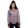 White Argyle And Blue Red Print Pattern Women's Bomber Jacket-grizzshop