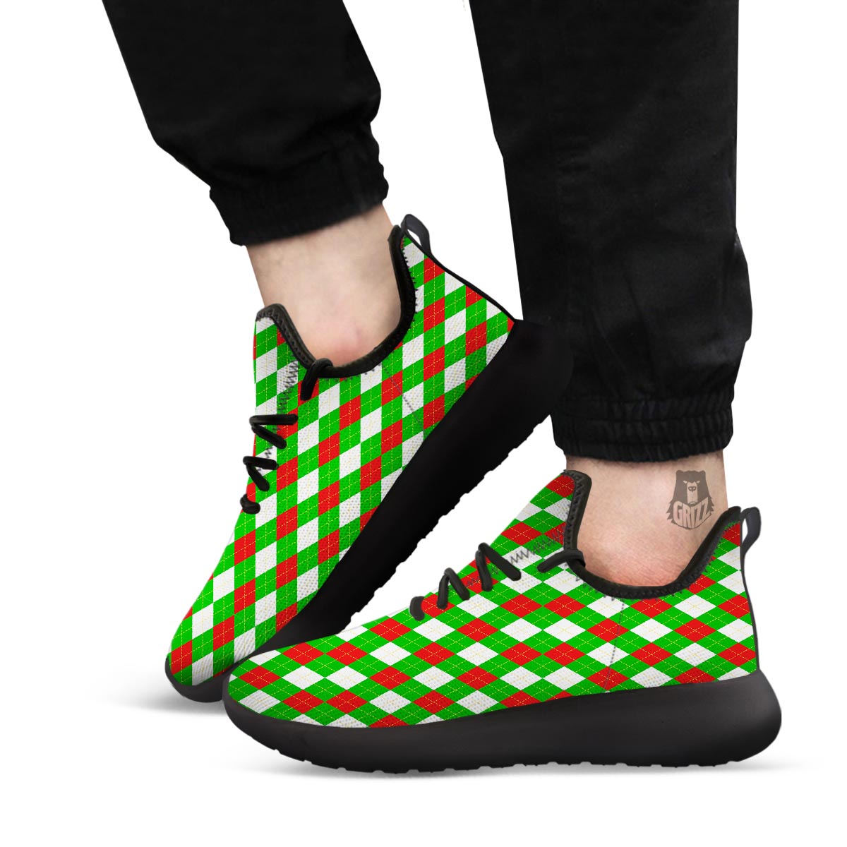 White Argyle And Green Red Print Pattern Black Athletic Shoes-grizzshop