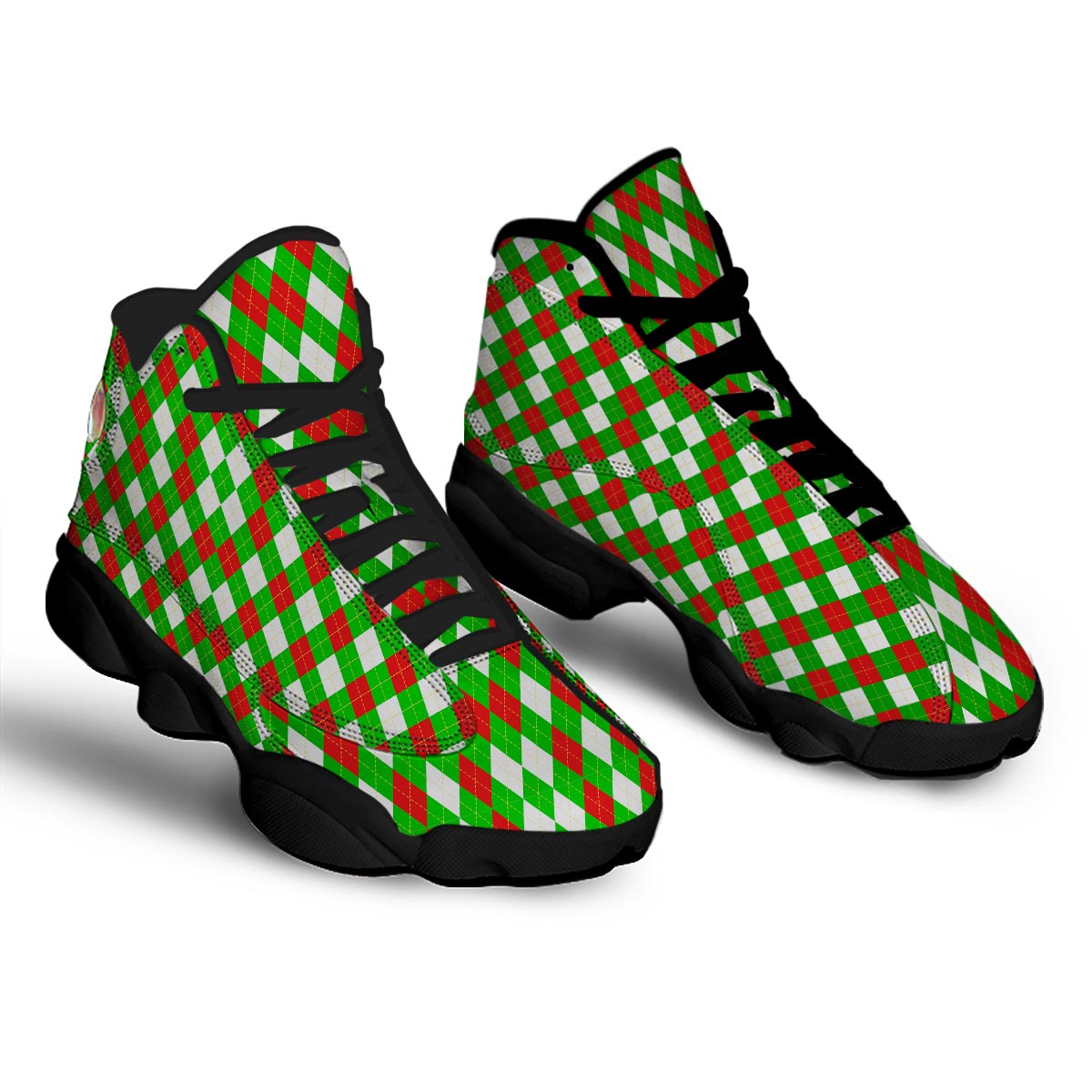 White Argyle And Green Red Print Pattern Black Basketball Shoes-grizzshop