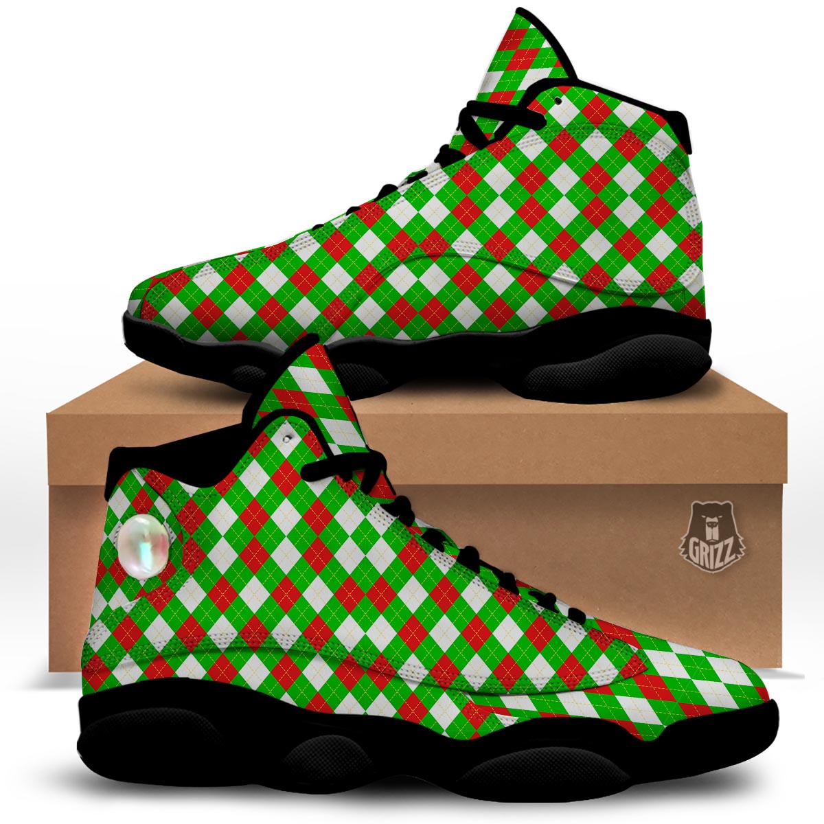 White Argyle And Green Red Print Pattern Black Basketball Shoes-grizzshop