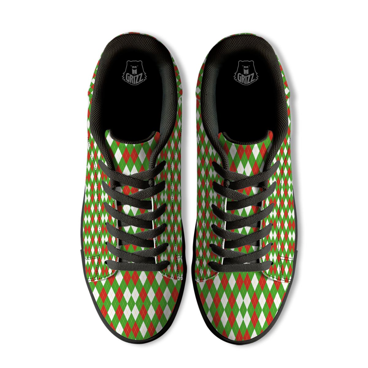 White Argyle And Green Red Print Pattern Black Low Top Sneakers-grizzshop