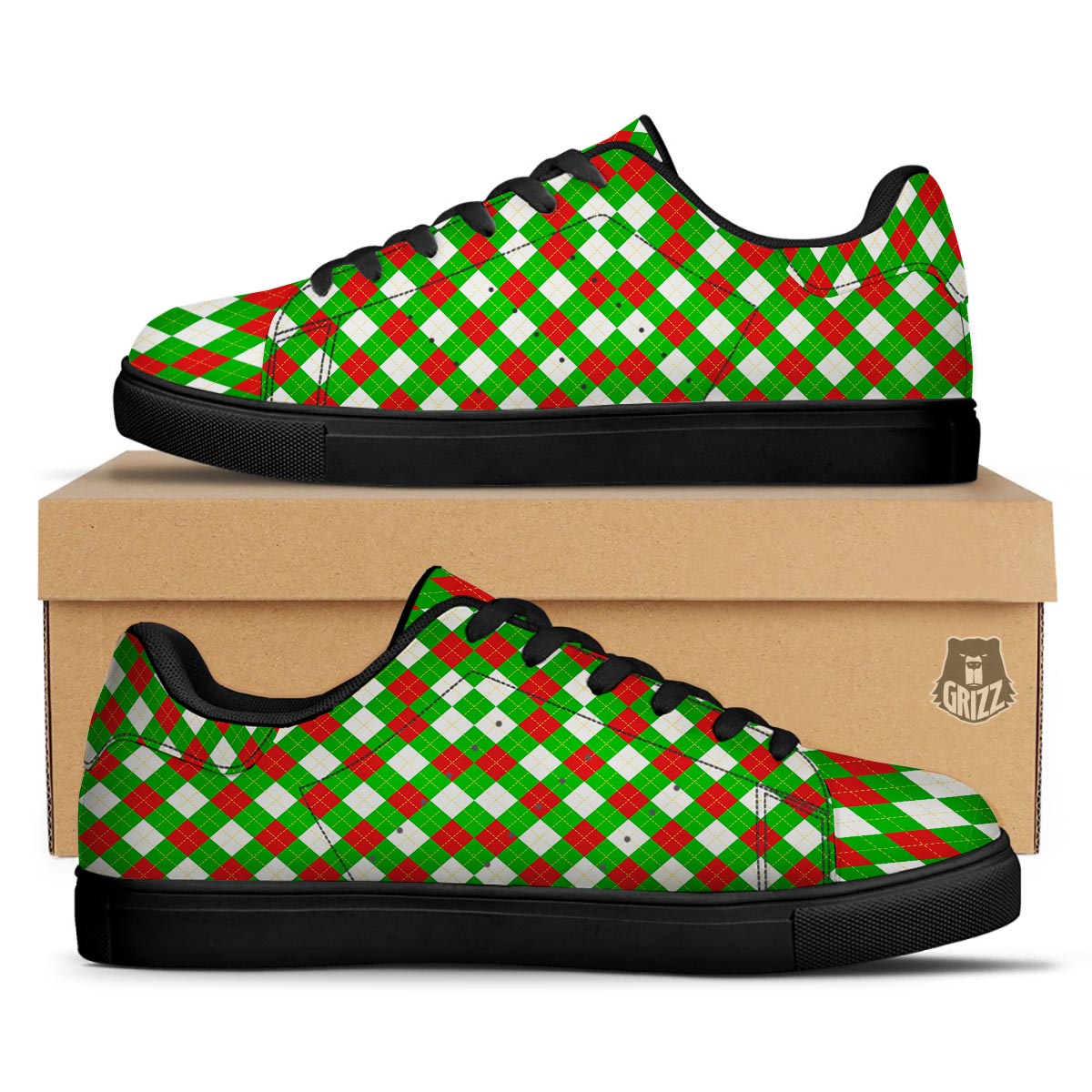 White Argyle And Green Red Print Pattern Black Low Top Sneakers-grizzshop