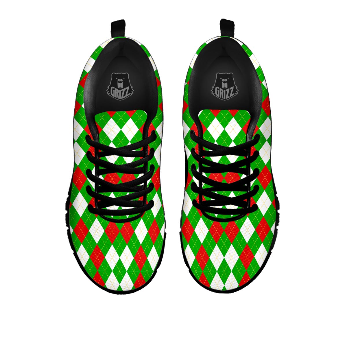 White Argyle And Green Red Print Pattern Black Sneaker-grizzshop