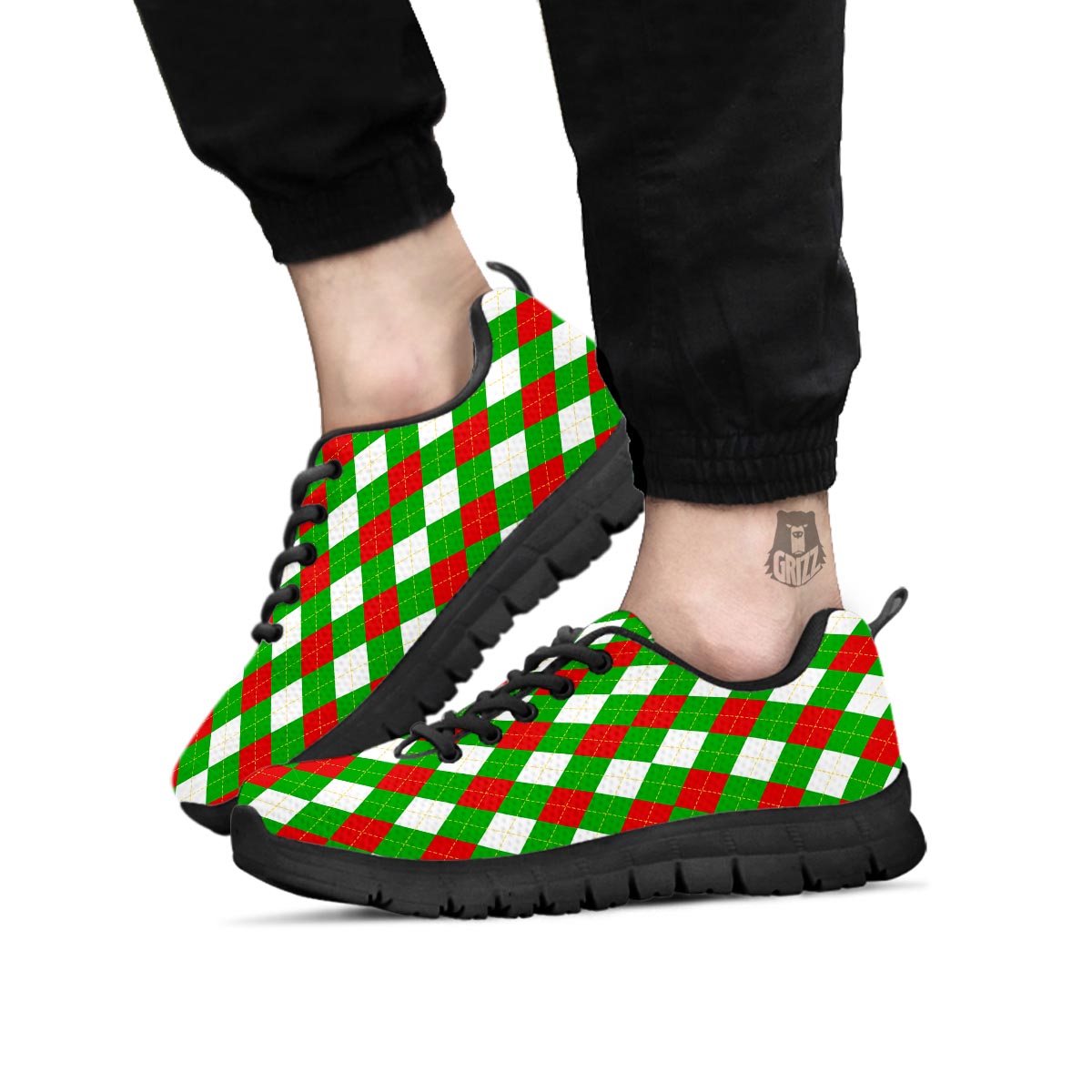 White Argyle And Green Red Print Pattern Black Sneaker-grizzshop