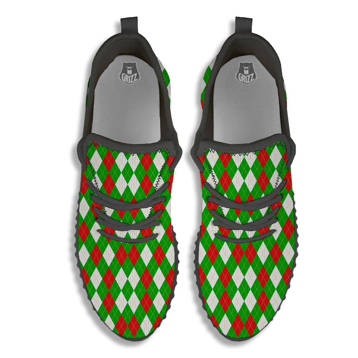 White Argyle And Green Red Print Pattern Black Walking Shoes-grizzshop