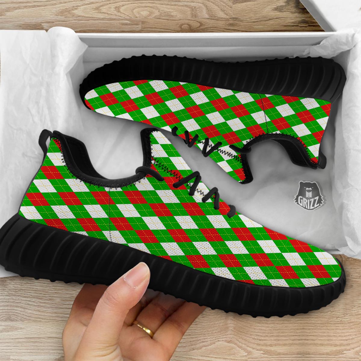 White Argyle And Green Red Print Pattern Black Walking Shoes-grizzshop