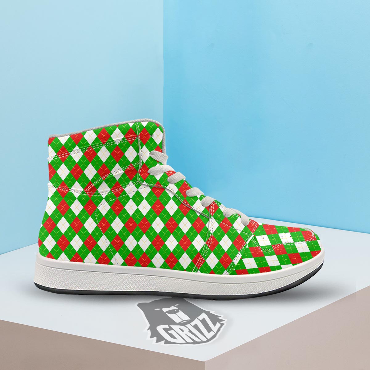 White Argyle And Green Red Print Pattern High Top Sneakers-grizzshop