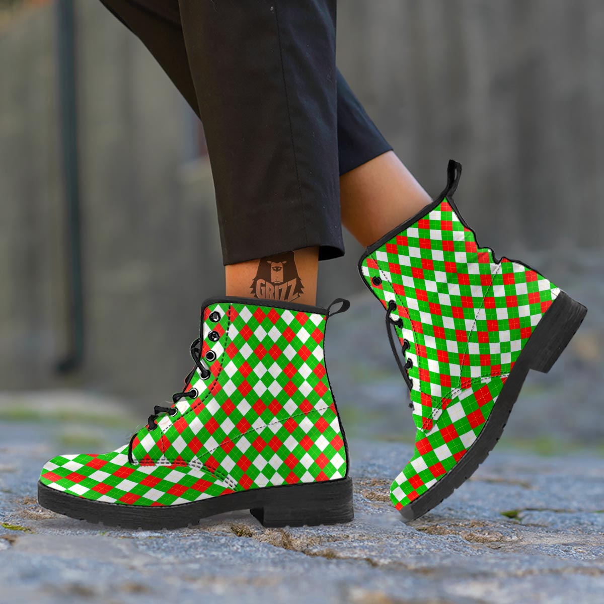 White Argyle And Green Red Print Pattern Leather Boots-grizzshop