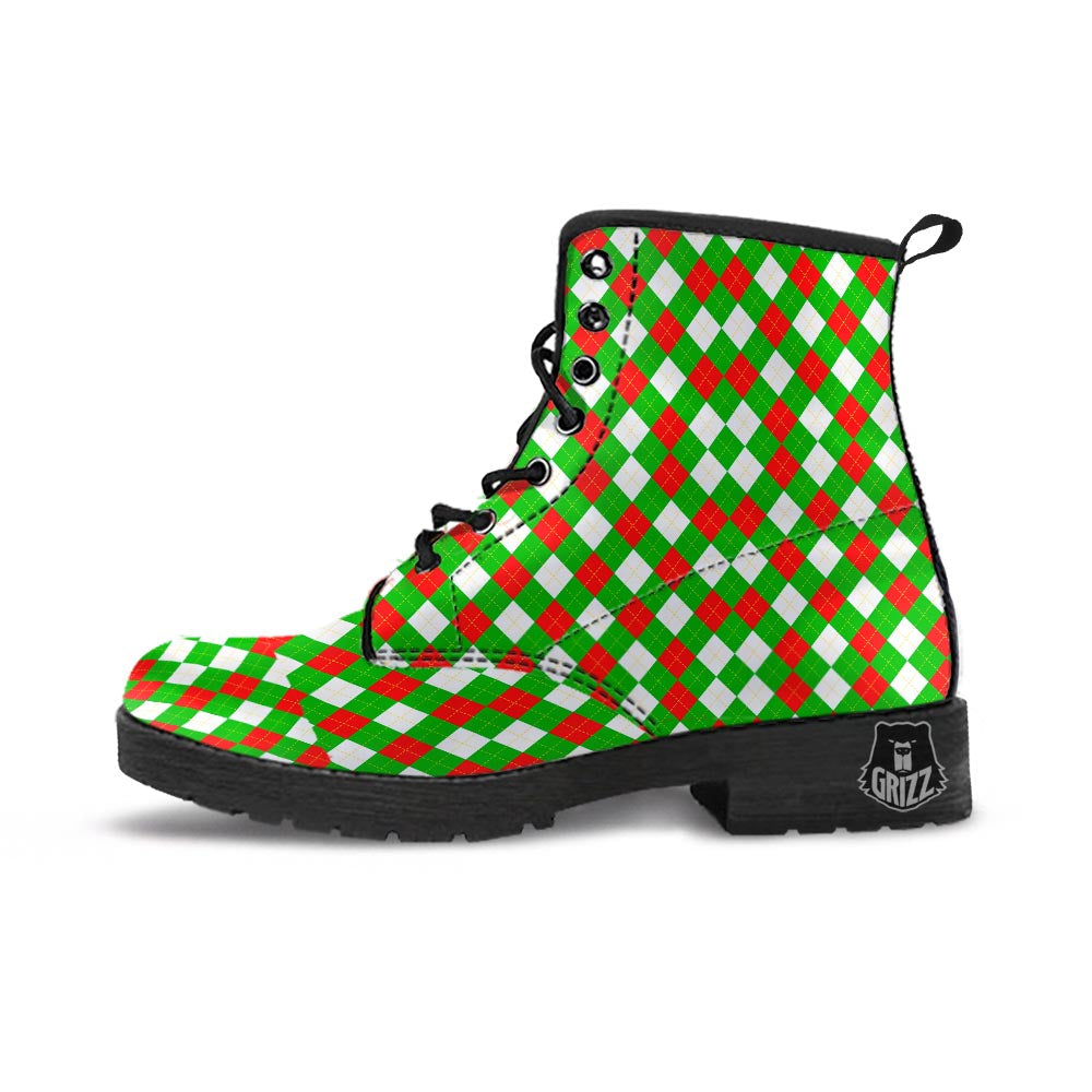 White Argyle And Green Red Print Pattern Leather Boots-grizzshop
