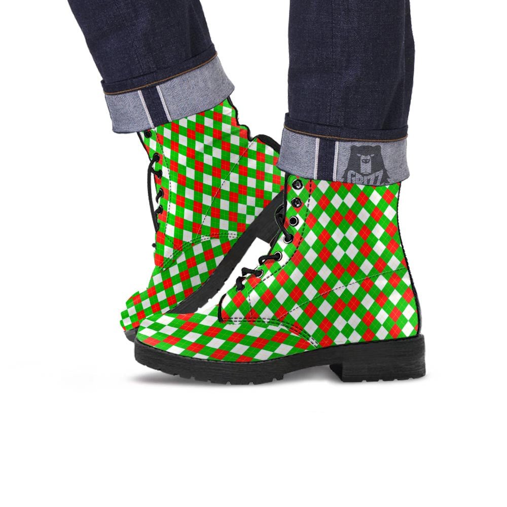 White Argyle And Green Red Print Pattern Leather Boots-grizzshop