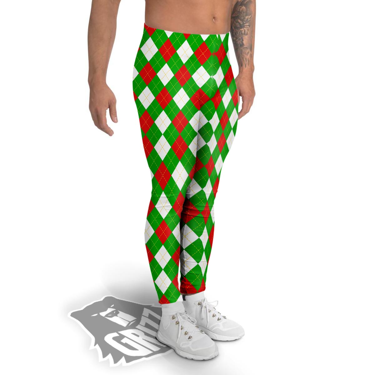 White Argyle And Green Red Print Pattern Men's Leggings-grizzshop