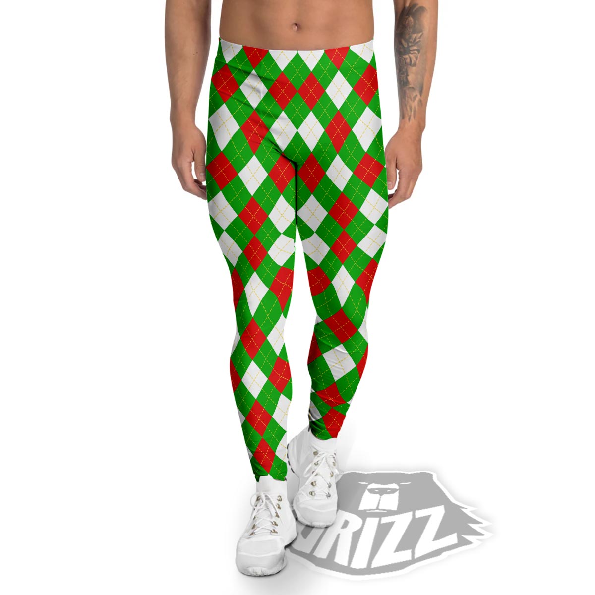 White Argyle And Green Red Print Pattern Men's Leggings-grizzshop