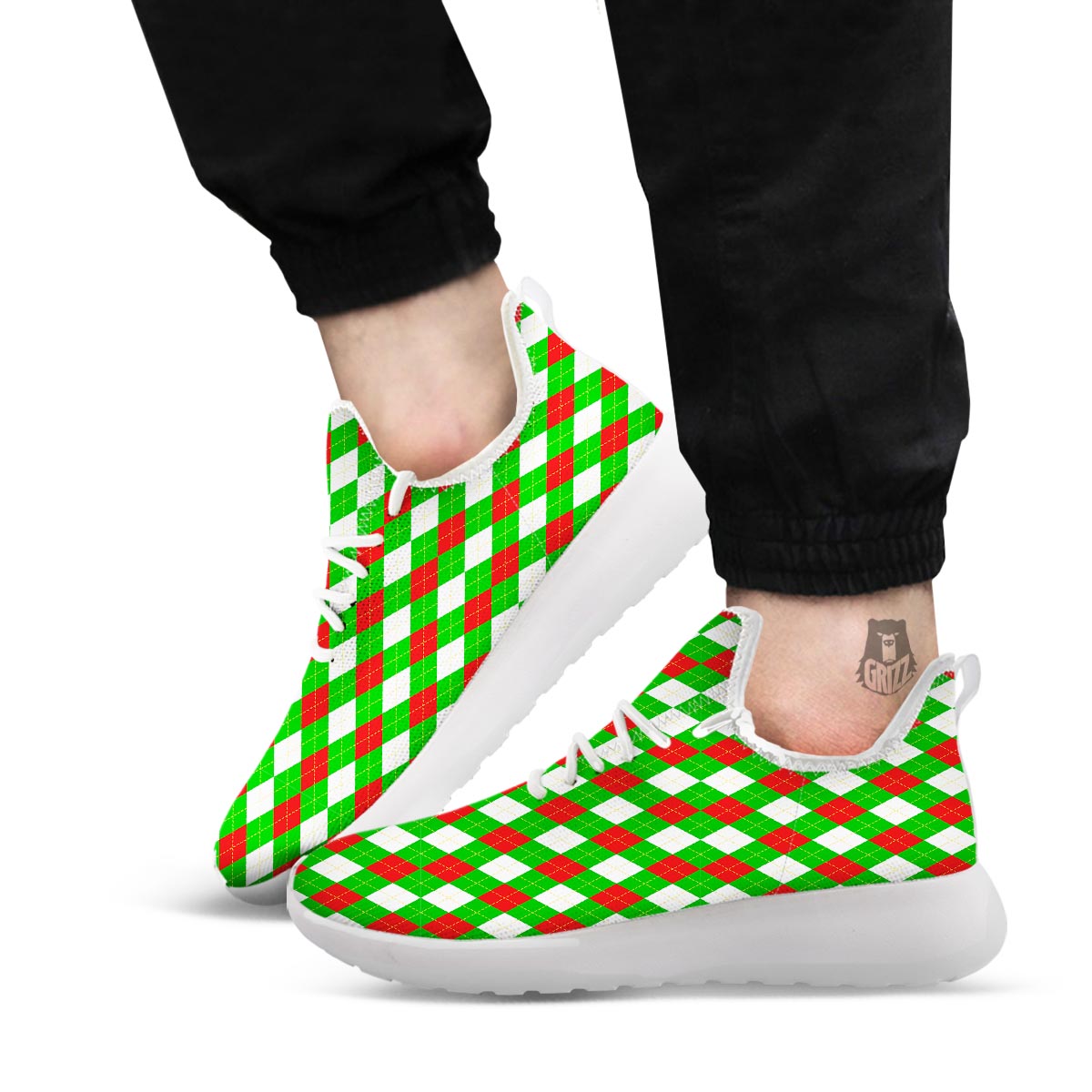 White Argyle And Green Red Print Pattern White Athletic Shoes-grizzshop