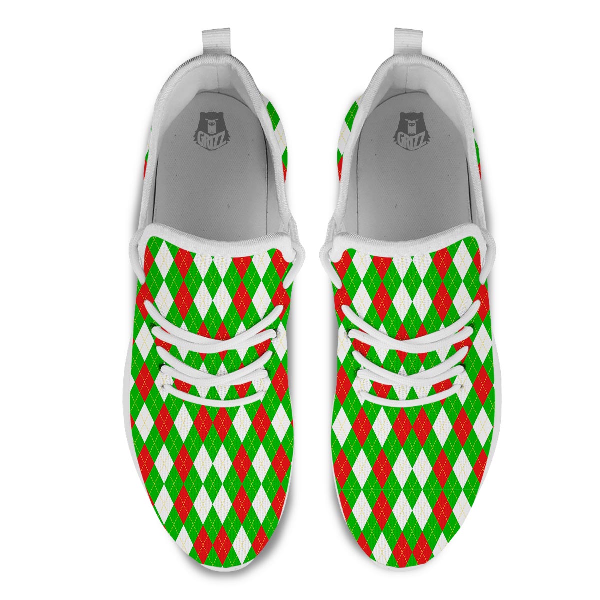 White Argyle And Green Red Print Pattern White Athletic Shoes-grizzshop