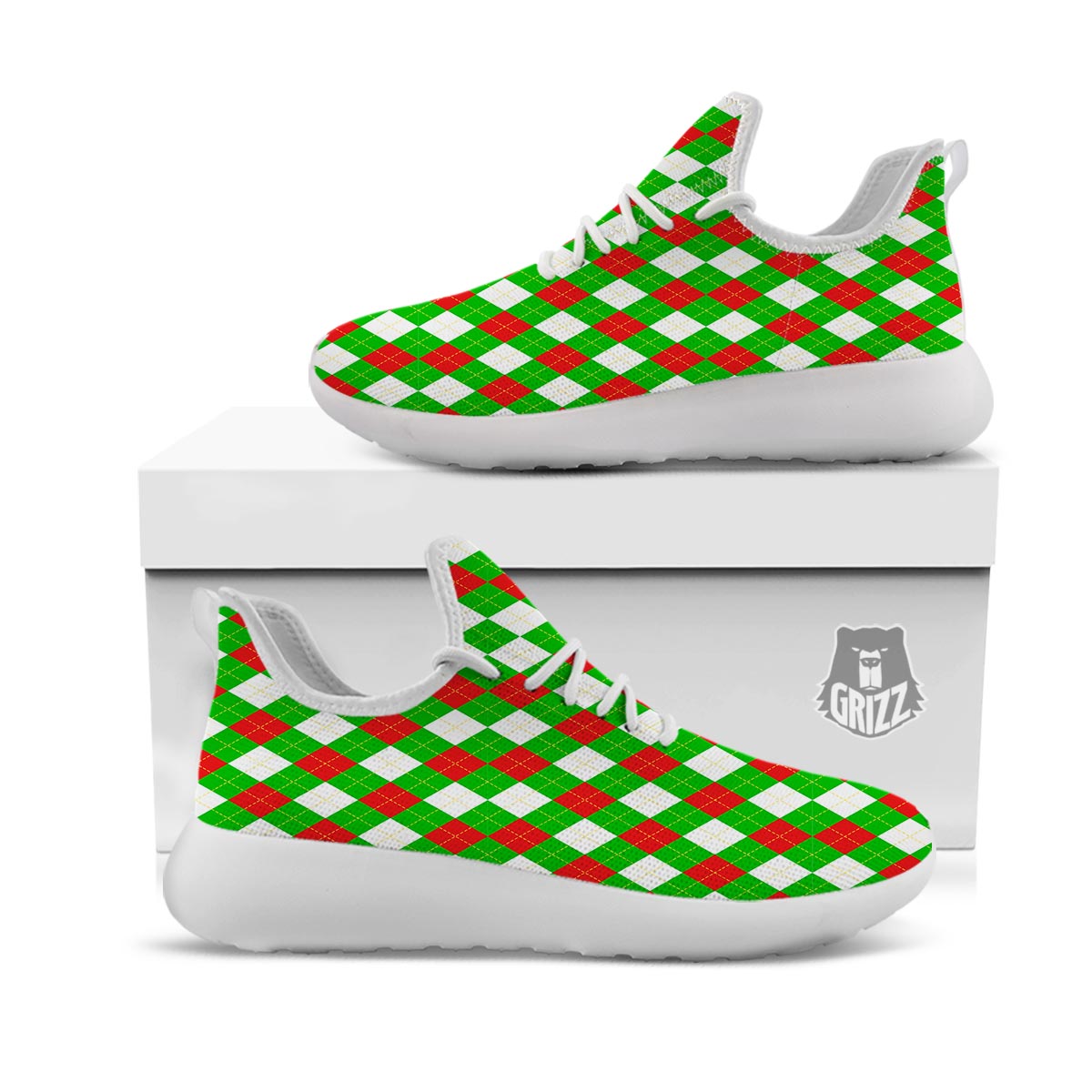 White Argyle And Green Red Print Pattern White Athletic Shoes-grizzshop
