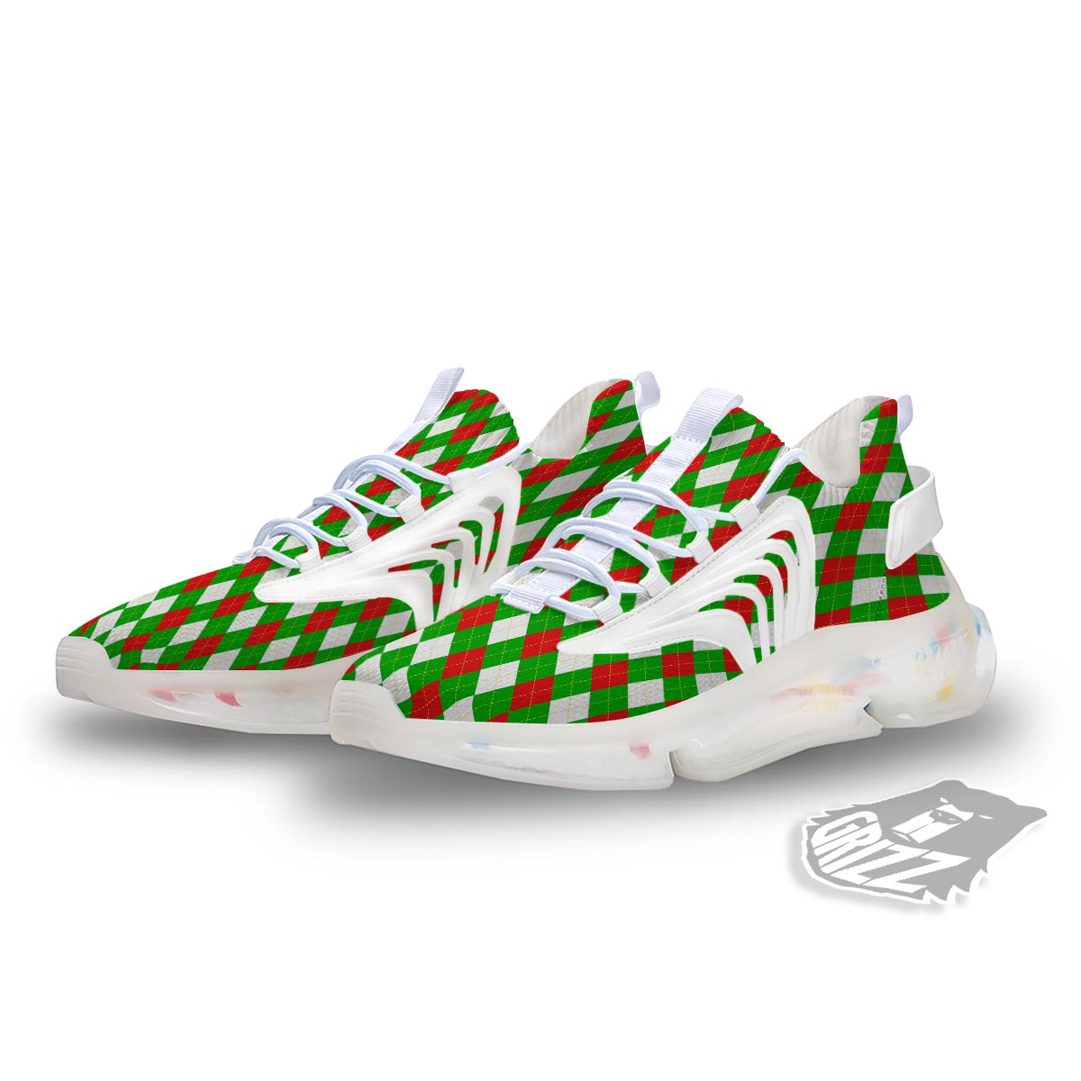 White Argyle And Green Red Print Pattern White Gym Shoes-grizzshop