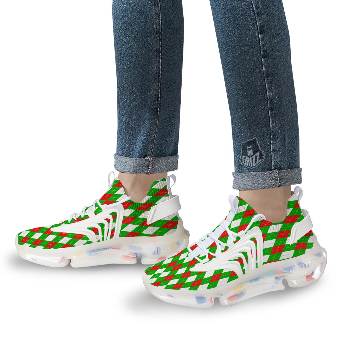 White Argyle And Green Red Print Pattern White Gym Shoes-grizzshop