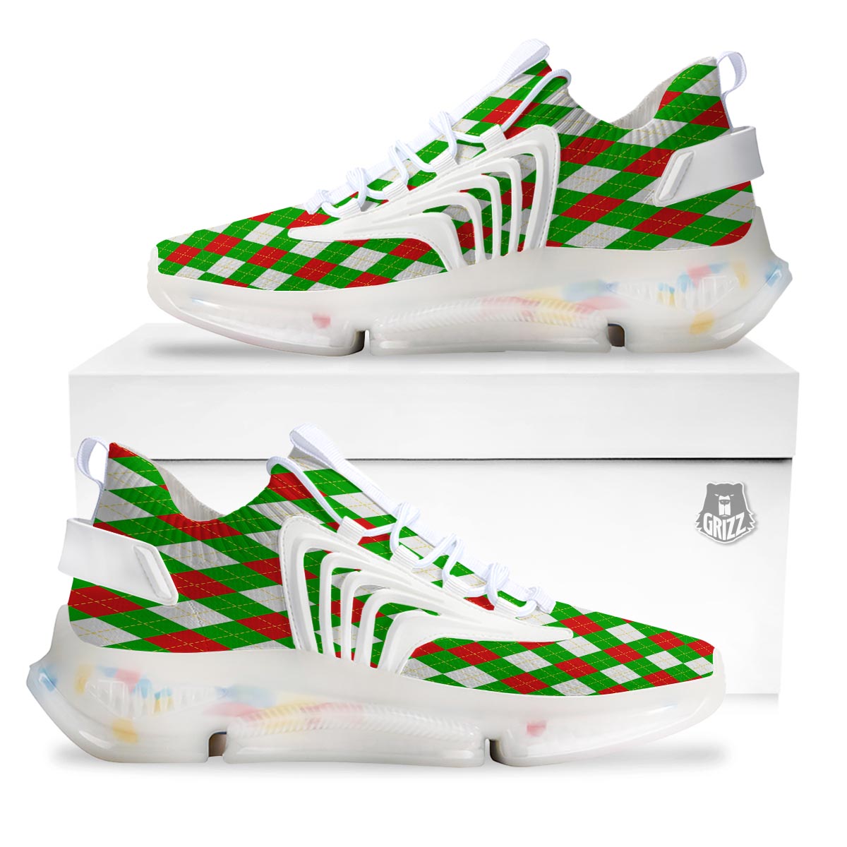 White Argyle And Green Red Print Pattern White Gym Shoes-grizzshop