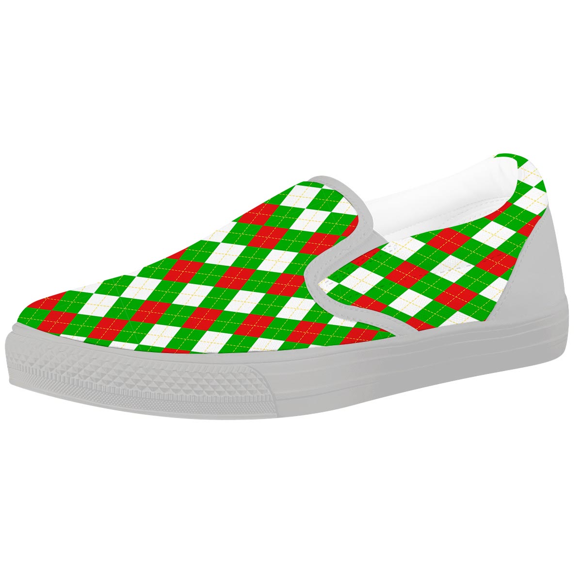 White Argyle And Green Red Print Pattern White Slip On Shoes-grizzshop