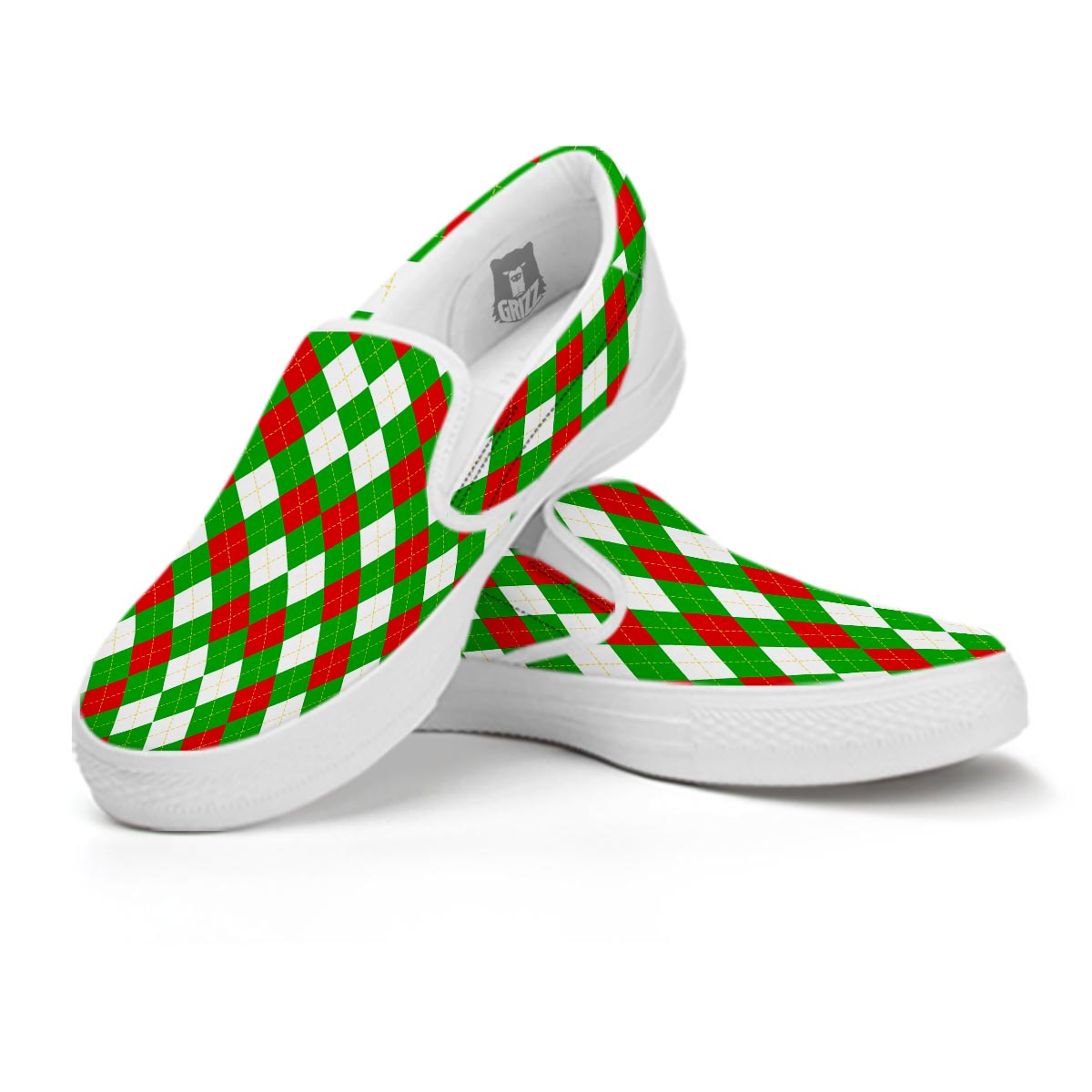 White Argyle And Green Red Print Pattern White Slip On Shoes-grizzshop