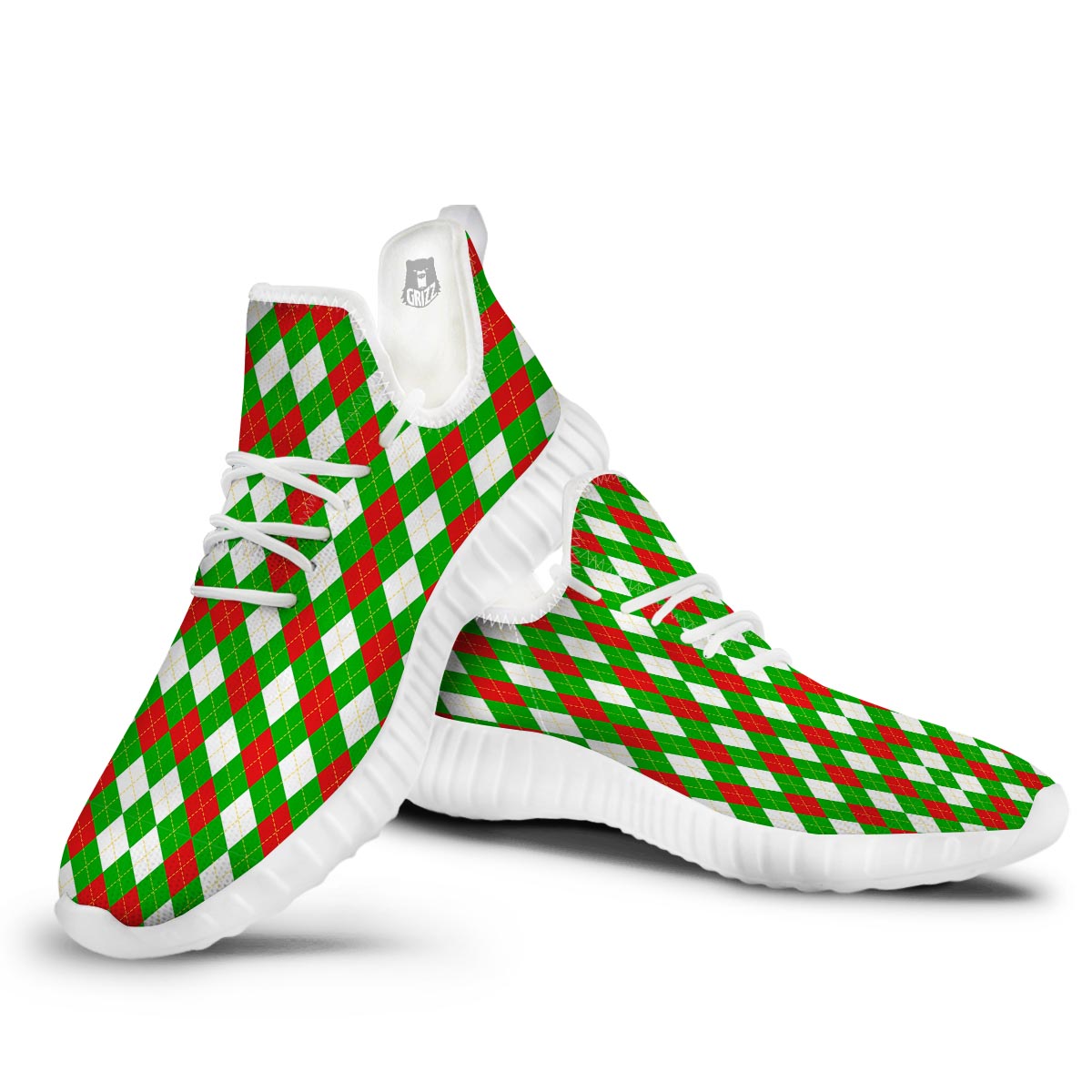 White Argyle And Green Red Print Pattern White Walking Shoes-grizzshop