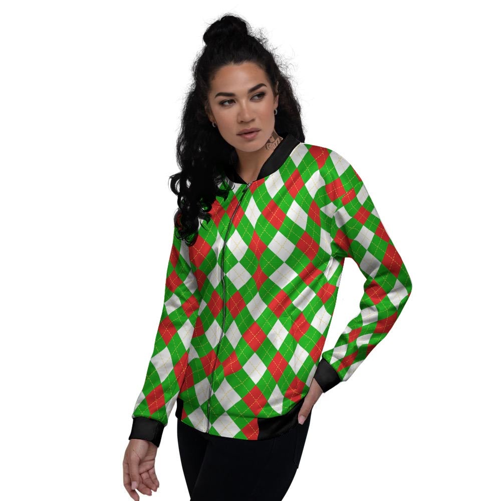 White Argyle And Green Red Print Pattern Women's Bomber Jacket-grizzshop