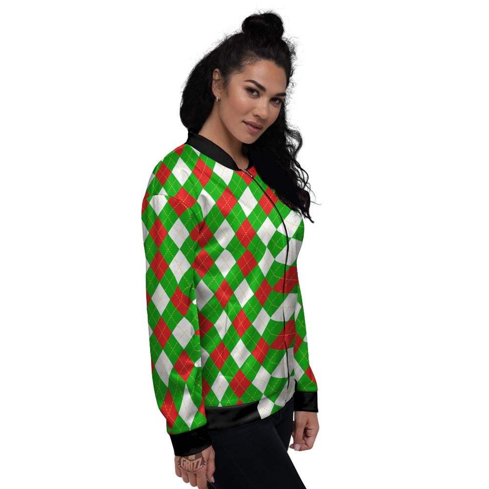 White Argyle And Green Red Print Pattern Women's Bomber Jacket-grizzshop