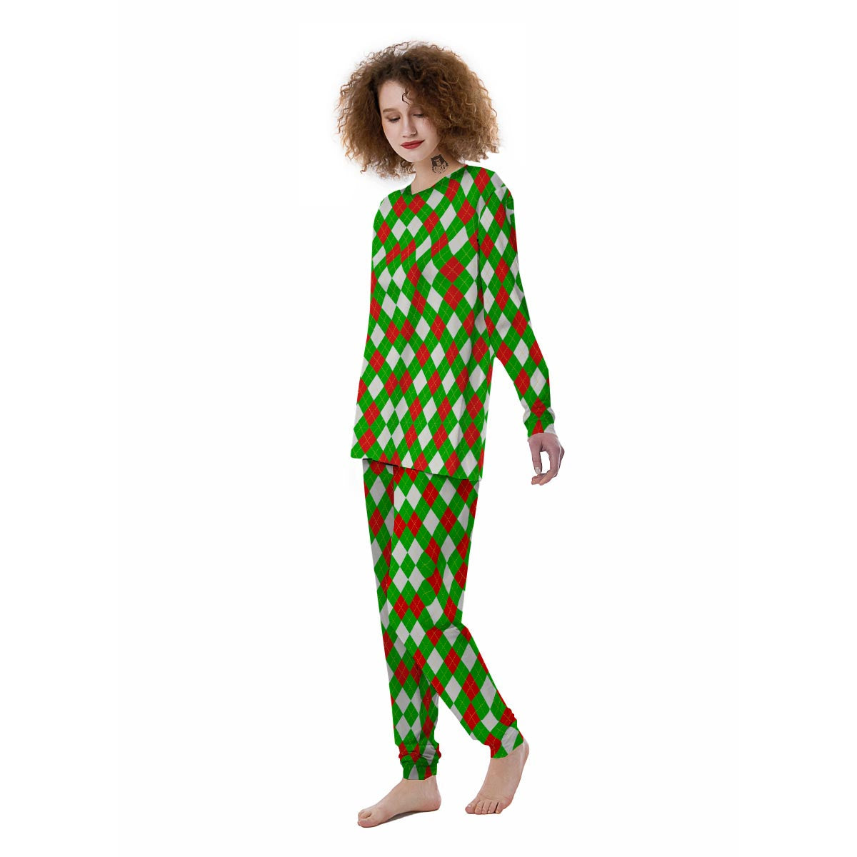 White Argyle And Green Red Print Pattern Women's Pajamas-grizzshop