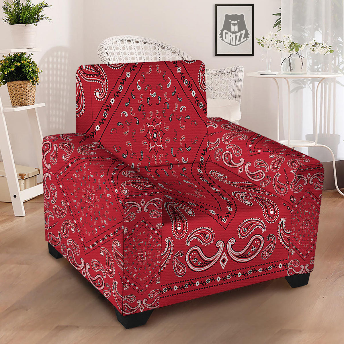 White Bandana And Black Red Print Armchair Slipcover-grizzshop