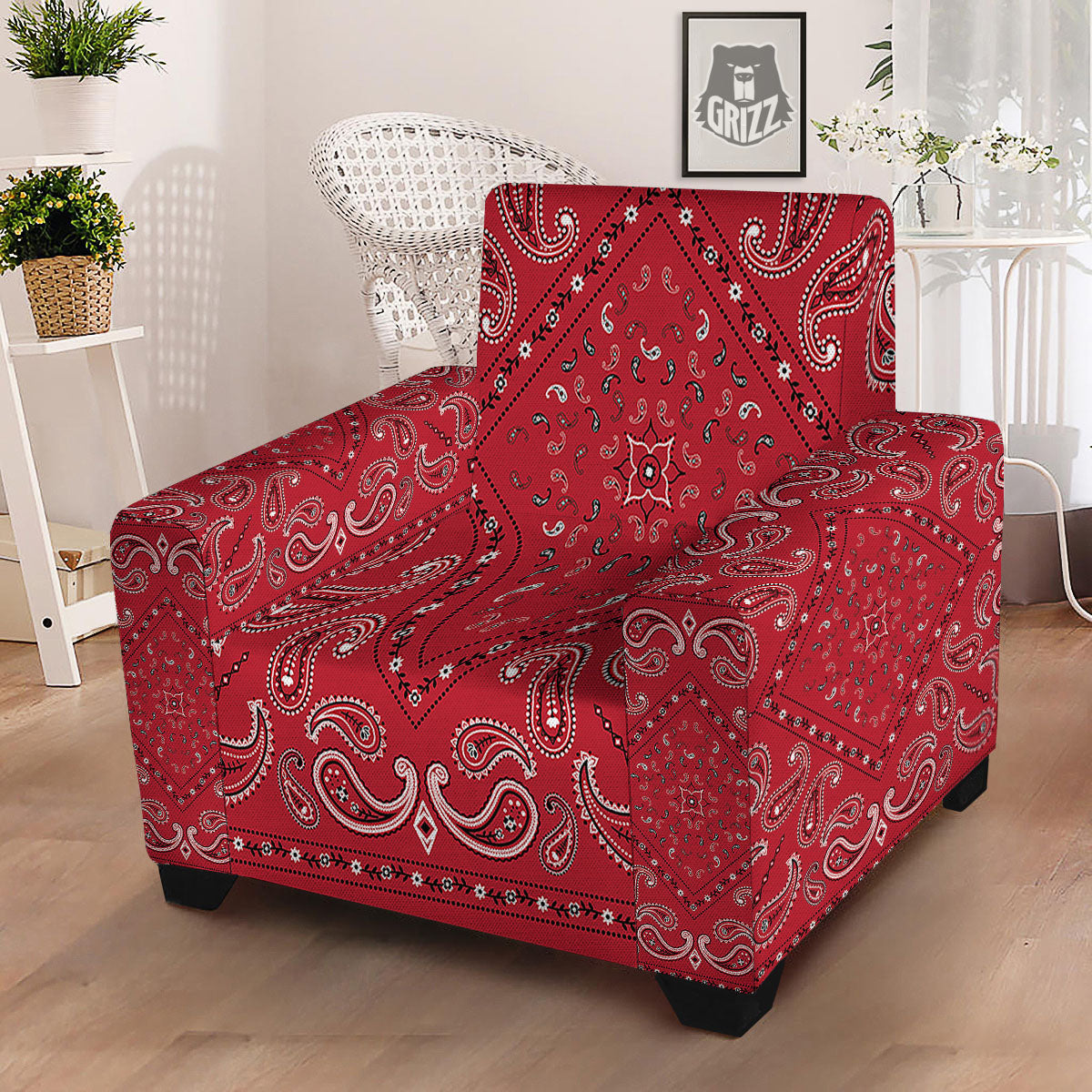 White Bandana And Black Red Print Armchair Slipcover-grizzshop