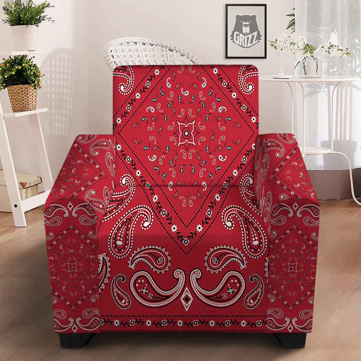 White Bandana And Black Red Print Armchair Slipcover-grizzshop