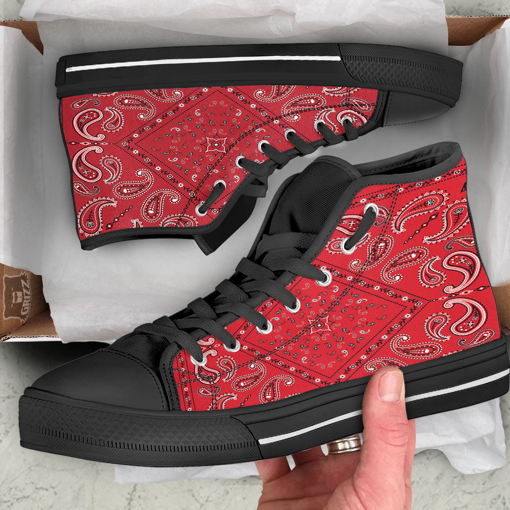 White Bandana And Black Red Print Black High Top Shoes-grizzshop