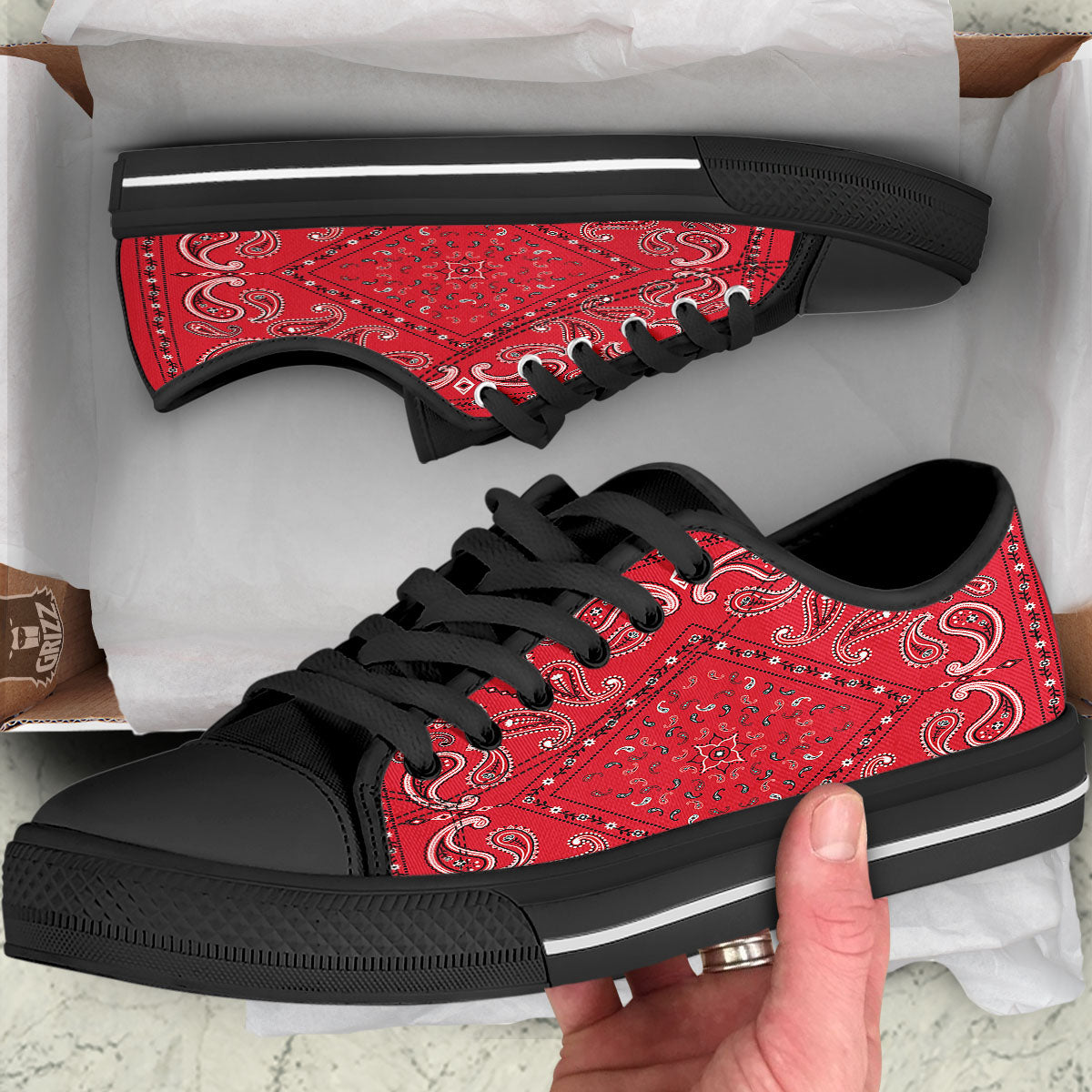 White Bandana And Black Red Print Black Low Top Shoes-grizzshop