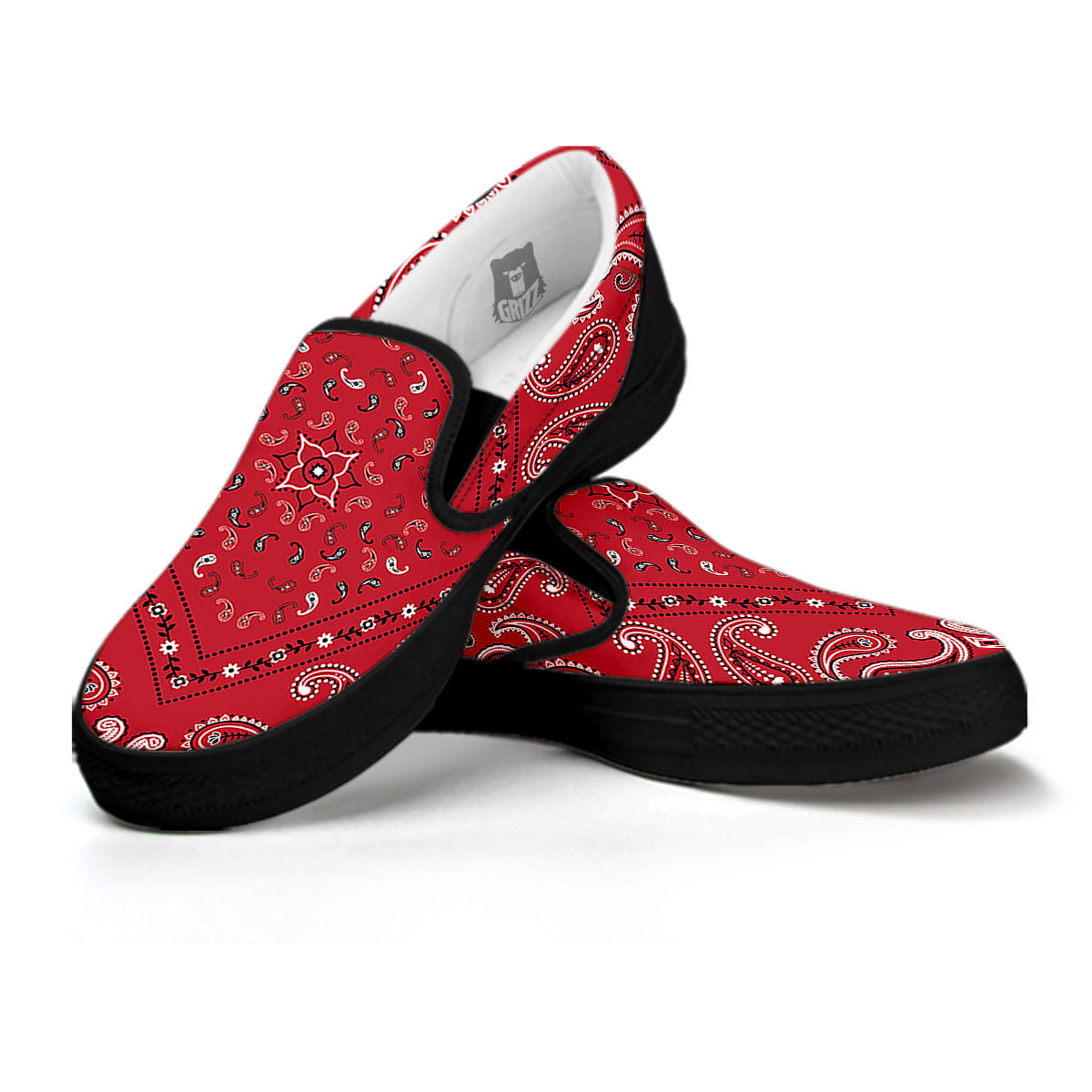 White Bandana And Black Red Print Black Slip On Shoes-grizzshop