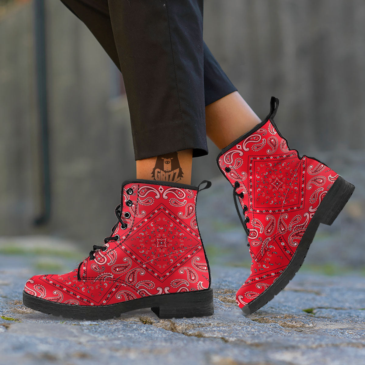 White Bandana And Black Red Print Leather Boots-grizzshop