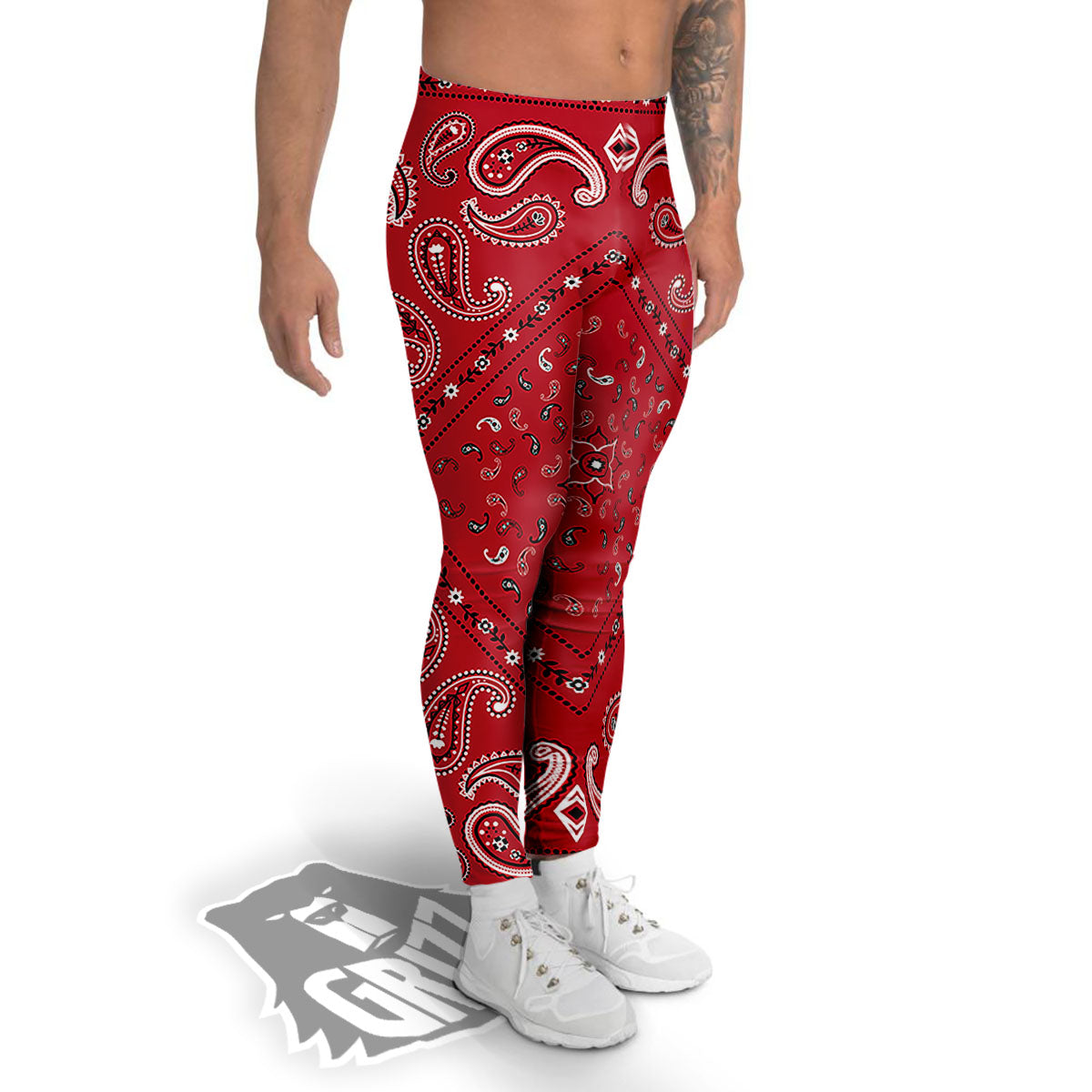 White Bandana And Black Red Print Men's Leggings-grizzshop