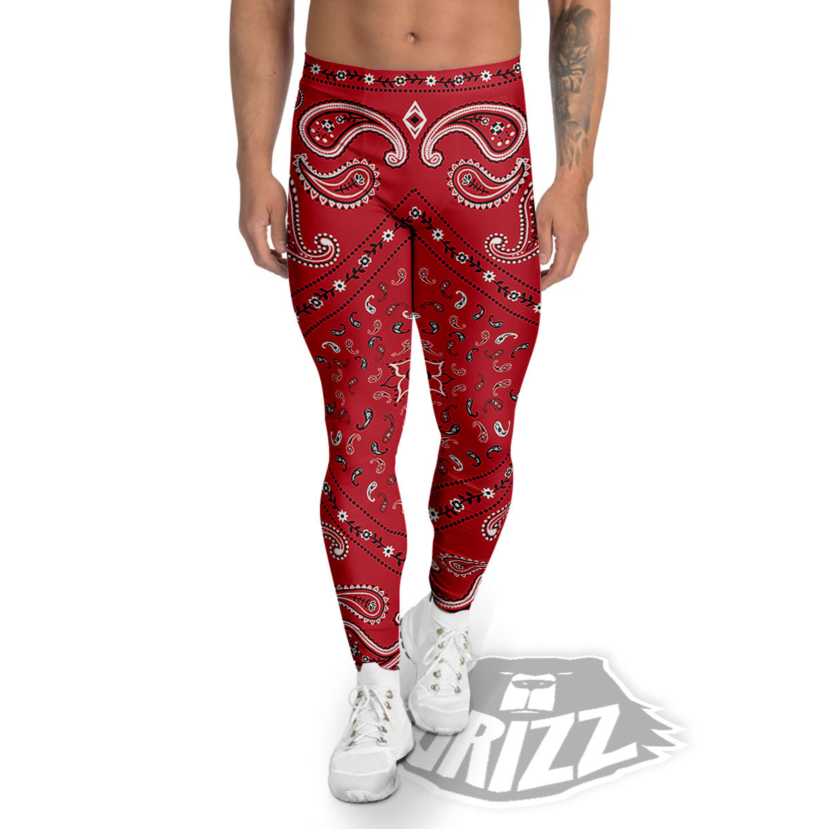 White Bandana And Black Red Print Men's Leggings-grizzshop