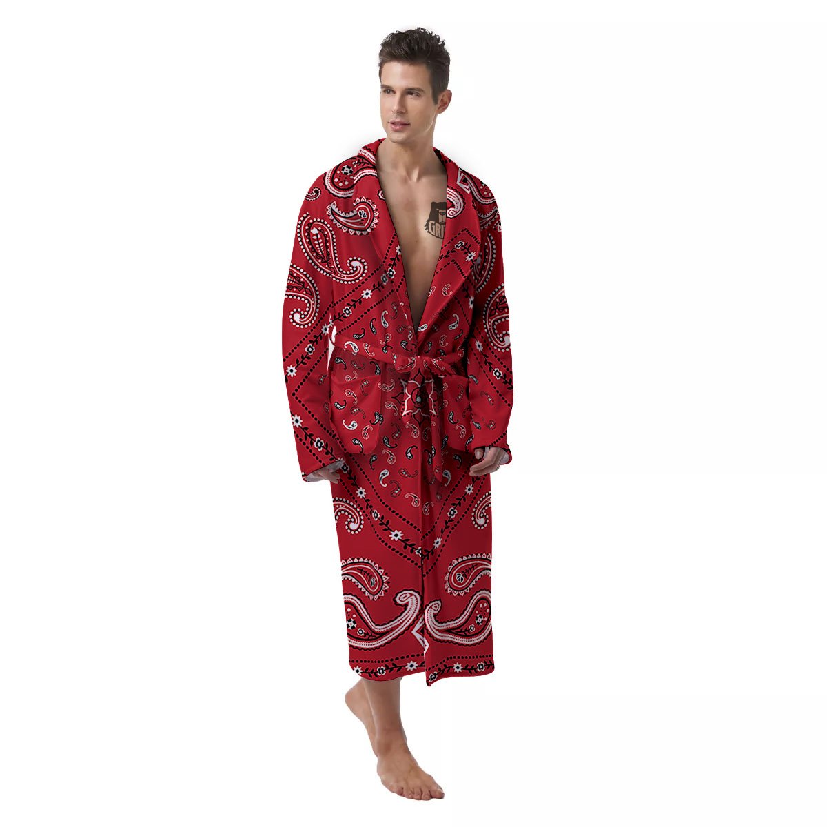 White Bandana And Black Red Print Men's Robe-grizzshop