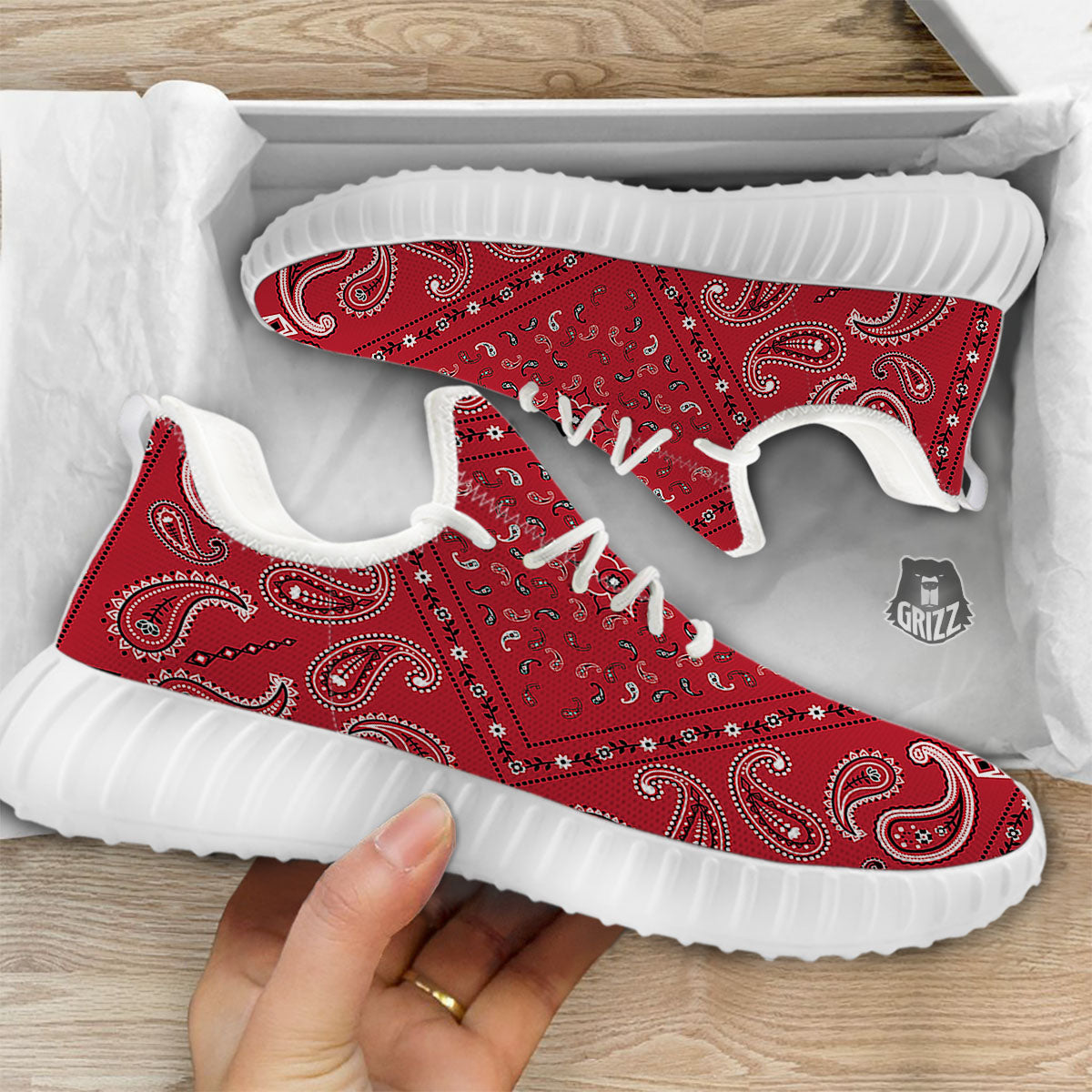 White Bandana And Black Red Print White Walking Shoes-grizzshop