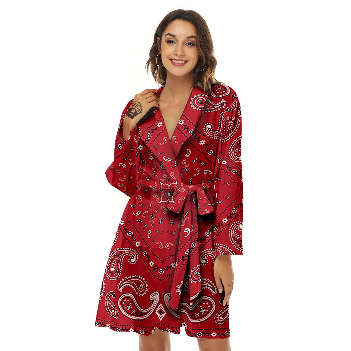 White Bandana And Black Red Print Women's Robe-grizzshop