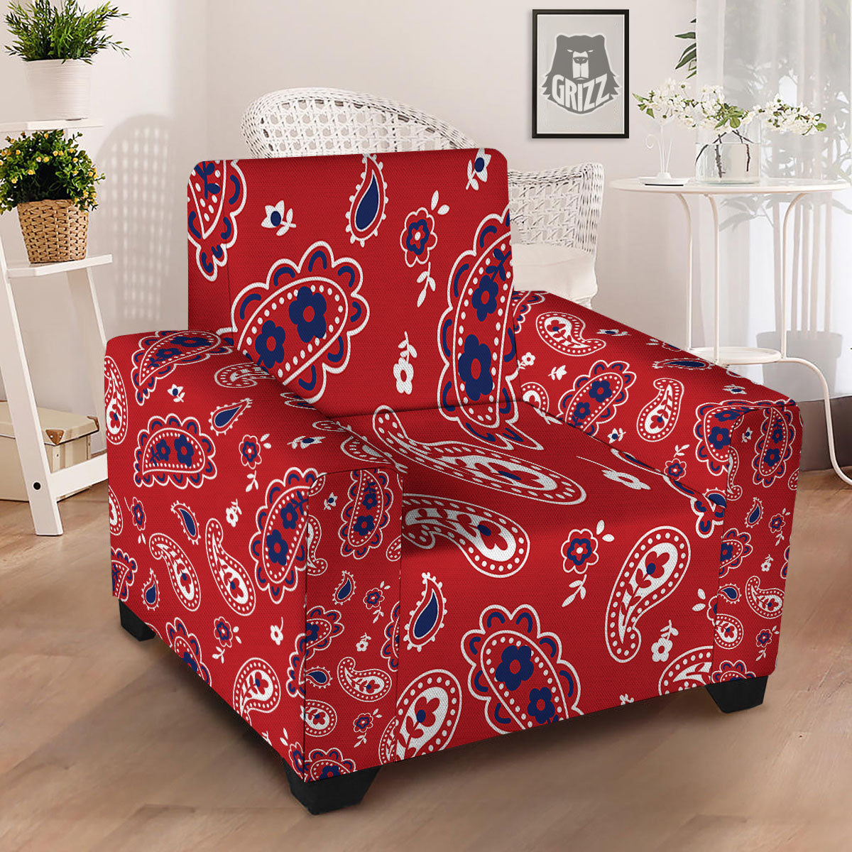 White Bandana And Blue Red Print Armchair Slipcover-grizzshop