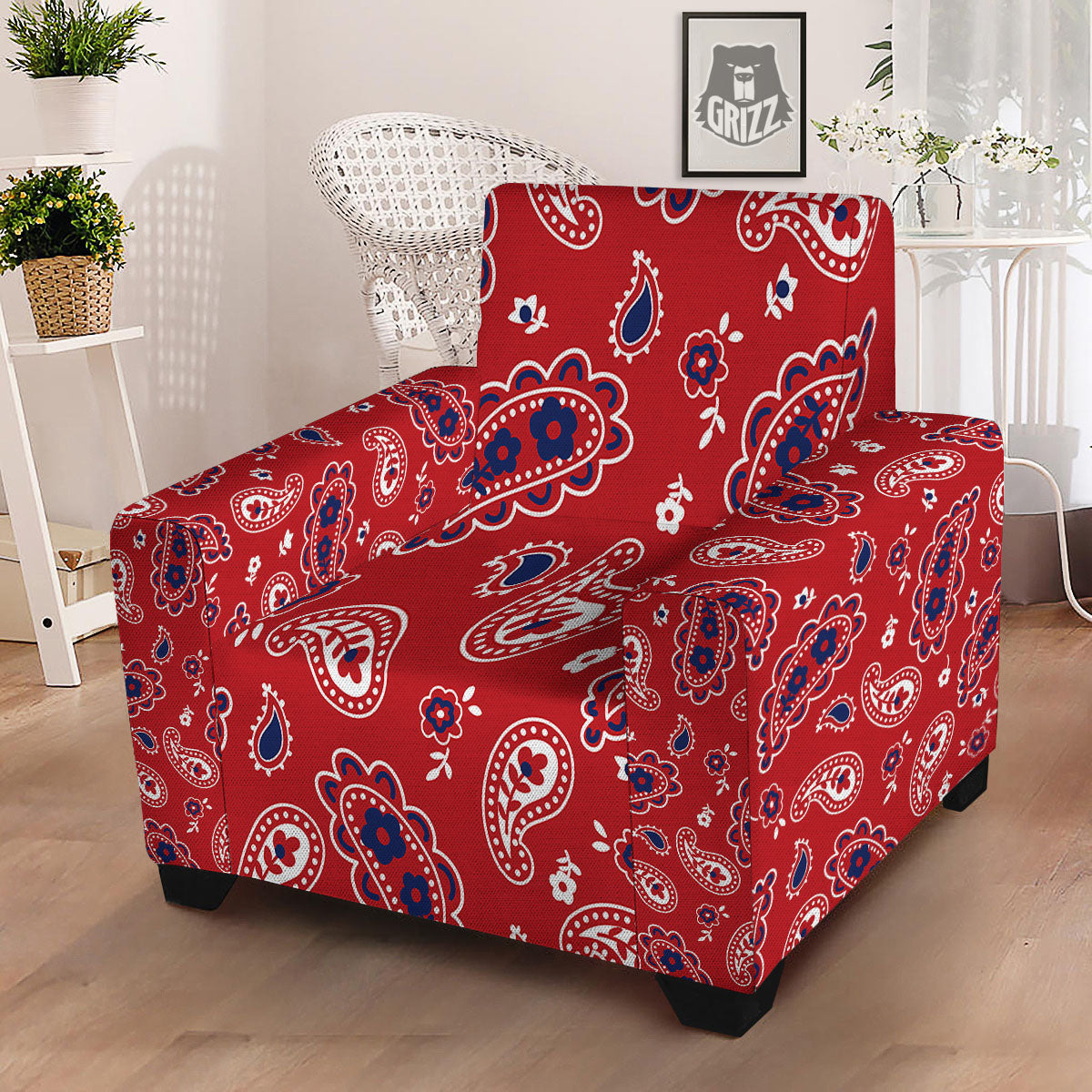 White Bandana And Blue Red Print Armchair Slipcover-grizzshop