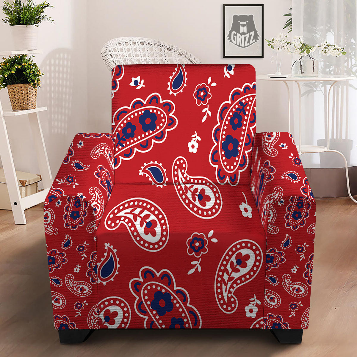 White Bandana And Blue Red Print Armchair Slipcover-grizzshop