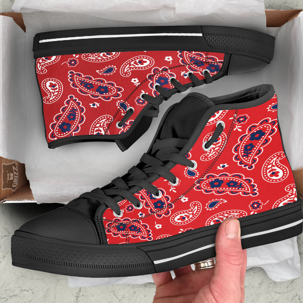 White Bandana And Blue Red Print Black High Top Shoes-grizzshop