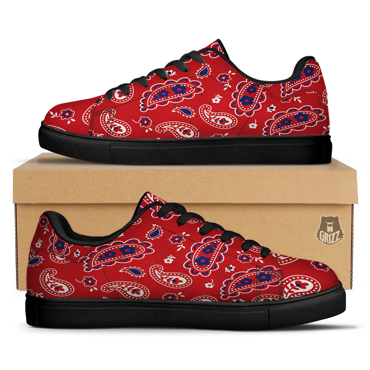 White Bandana And Blue Red Print Black Low Top Sneakers-grizzshop